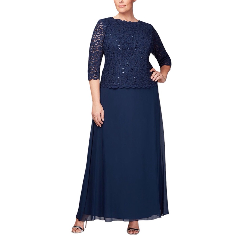 Alex Evenings Blue Long Gown with Sequin Lace Bodice & Chiffon Skirt Size 20W